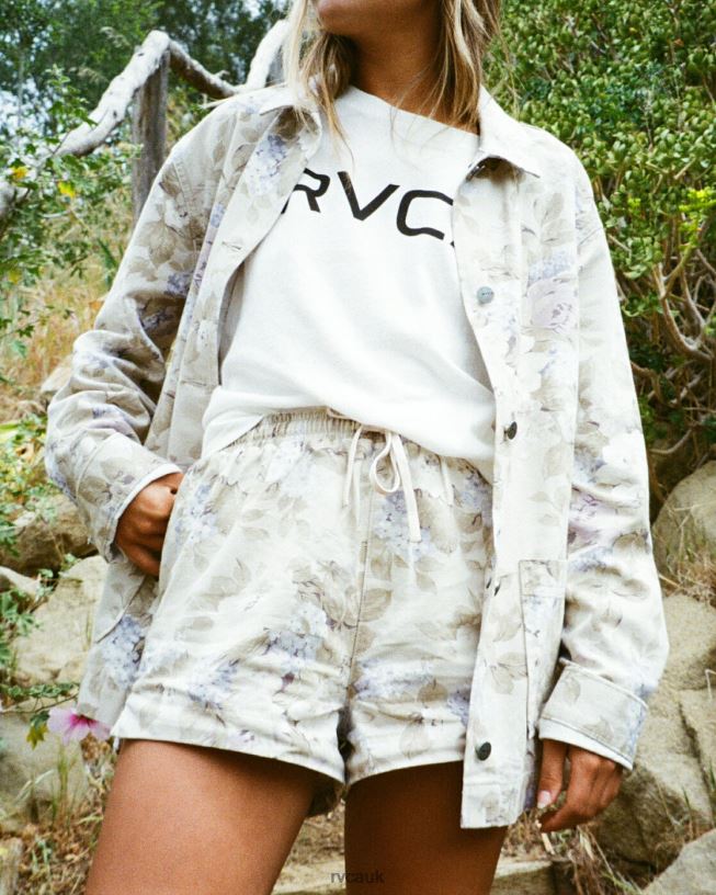 oatmeal Camp Sawyer Elastic Waist Shorts Women L888X1629 RVCA Clothing